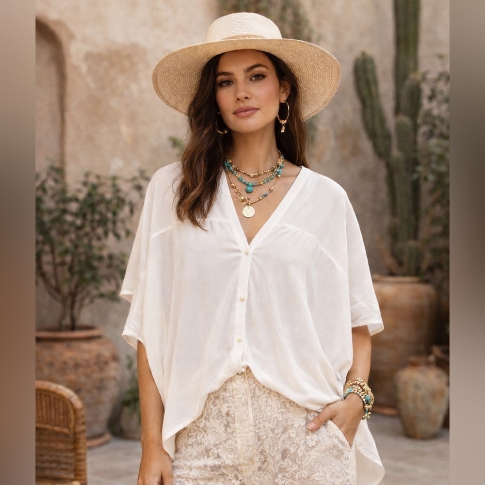 Helmut Lang White Short Sleeve Button-Down Blouse V-neck Top